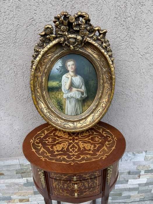 Superb tablou oval-pictura manuala pe lemn-portret -Tanara fata in rochie alba-rama masiva stil rococo-Italia