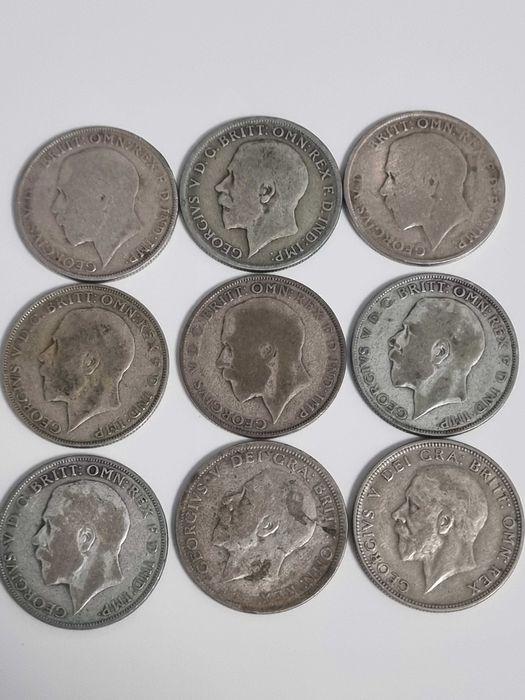 Lot 9 monede Anglia Marea Britanie 9 x 1 florin 1920-1929 argint