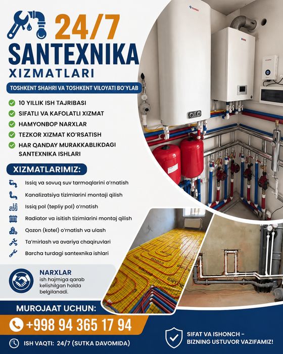 Сантехник хизмати 24/7 Santexnik xizmati sifatli va kelishilgan narxda