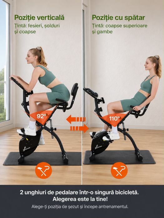 Bicicletă fitness pliabilă Sportneer 5 în 1 – nouă, cu spătar, benzi elastice și ecran LCD | Suportă până la 110 kg