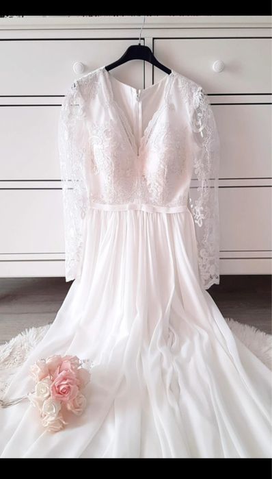 Rochie lunga mireasa dantela si voal Serena