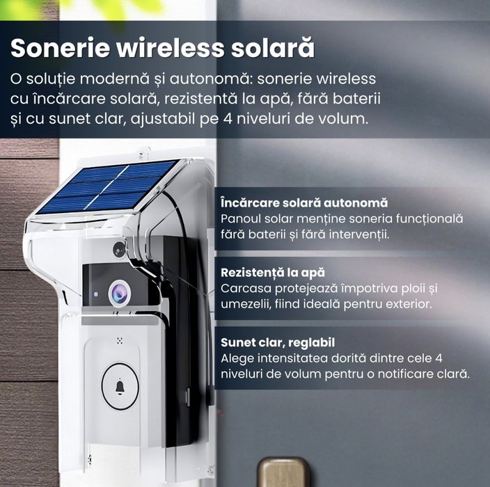 Sonerie video wireless cu încărcare solară ,rezistentă la ploaie ,fara cabluri!