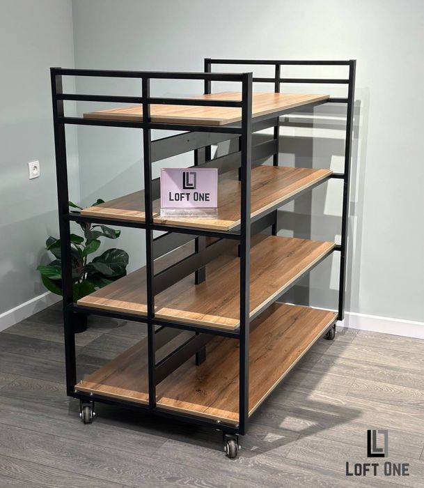 Стеллаж на колесах, витрина мобилная, тележка витрина