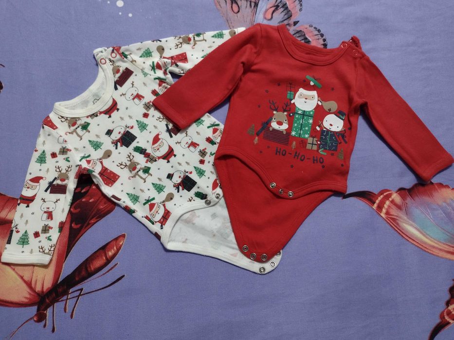 Set 2 body-uri tema Craciun si 2 salopete MOM/DAD, mas. 62, 0-3 luni