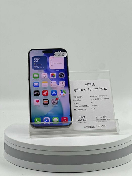 Iphone 15 PRO MAX 256GB Baterie 94% Garantie 24 luni Cashbox