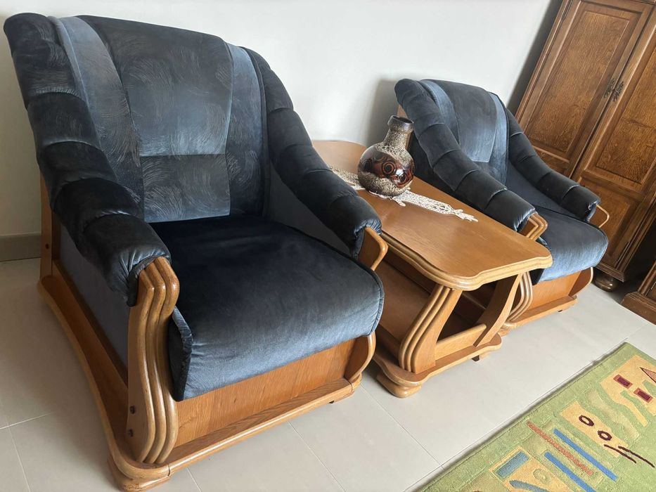 Vand set, două fotolii cu masuță de cafea din lemn masiv