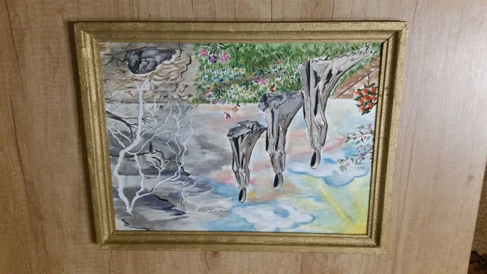 Прекрасна картина, рисувана на ръка. В златна рамка е.