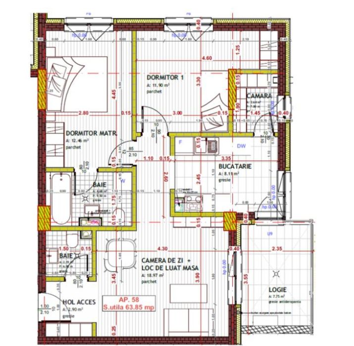 Apartament 3 camere 63,85mp