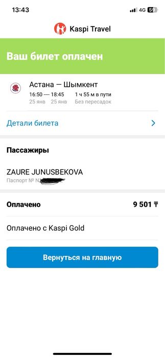 Билет на самолет. Направление Астана Шымкент. 25 января