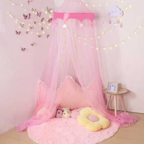 Нов Принцески балдахин с LED звезди – розов, за детска стая, момиче