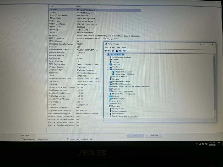 Vand Laptop ASUS ROG GL752V – 16GB RAM, ca nou (bateria nu ține)
