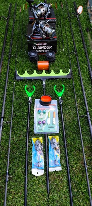 Set Feeder, 2 Lansete Sensitive 3,90m,2 Mulinete Glamour 5000,Suporți,Geanta, 2 Monturi+Matriță,Senzori,Fir