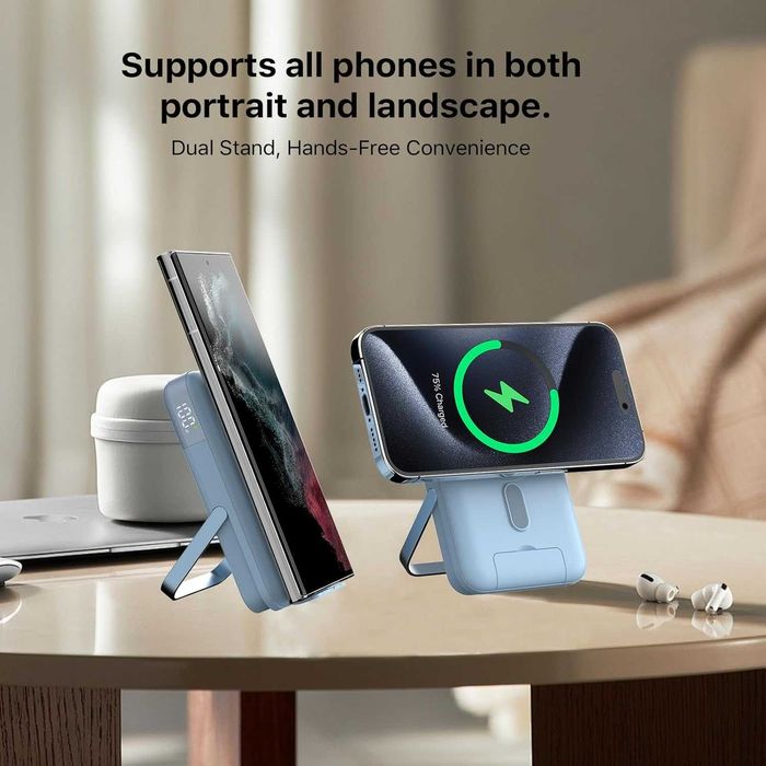 Магнитна външна батерия 10000mAh - MagSafe 22.5W със Стойка (Синя)