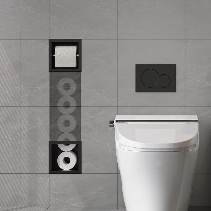 Dulap incastrat din inox pentru baie cu suport de hartie igienica, 74 x 15 x 14 cm, negru