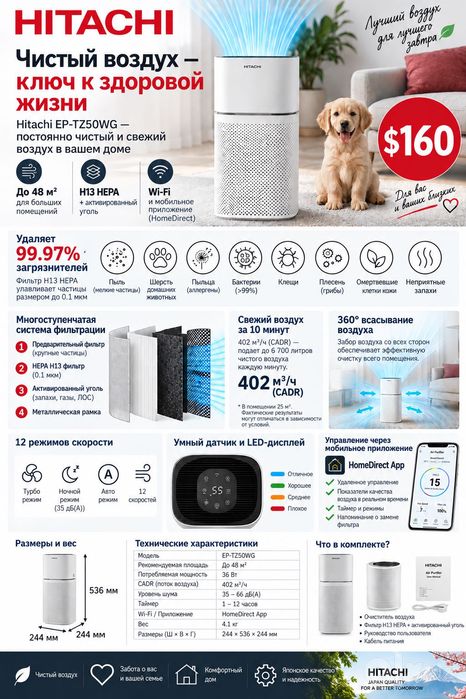 Очиститель воздуха Hitachi EP-TZ50WG, до 48 м², HEPA H13, Wi-Fi