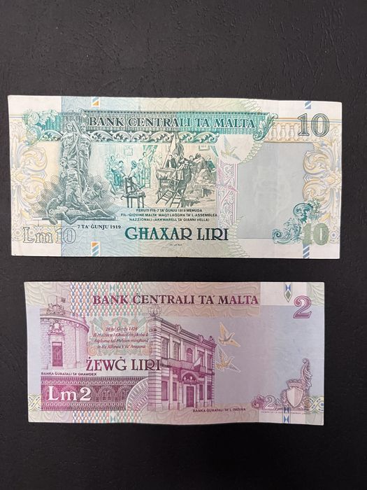 Bancnote Malta 2 și 10 Liri – colecție rară anii ‘80