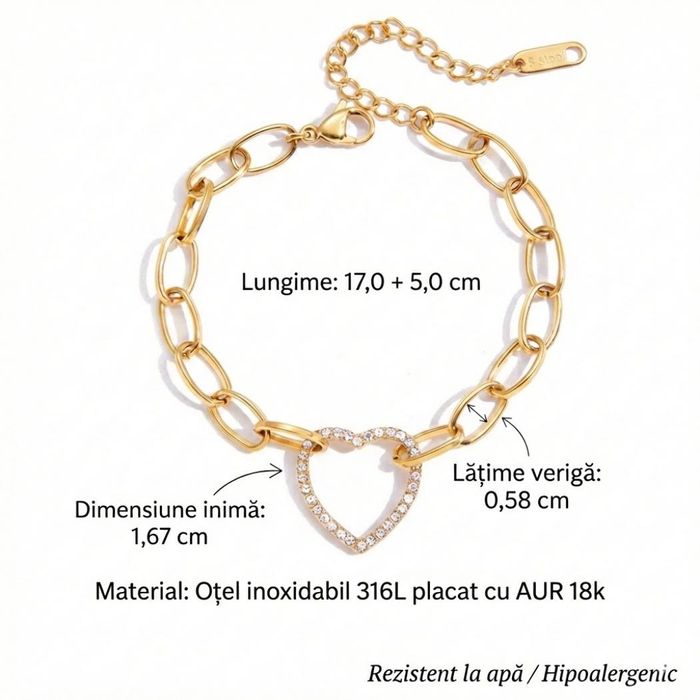 Bratara Premium Placata Aur 18K - Inima Cristale, Set Cadou Inclus