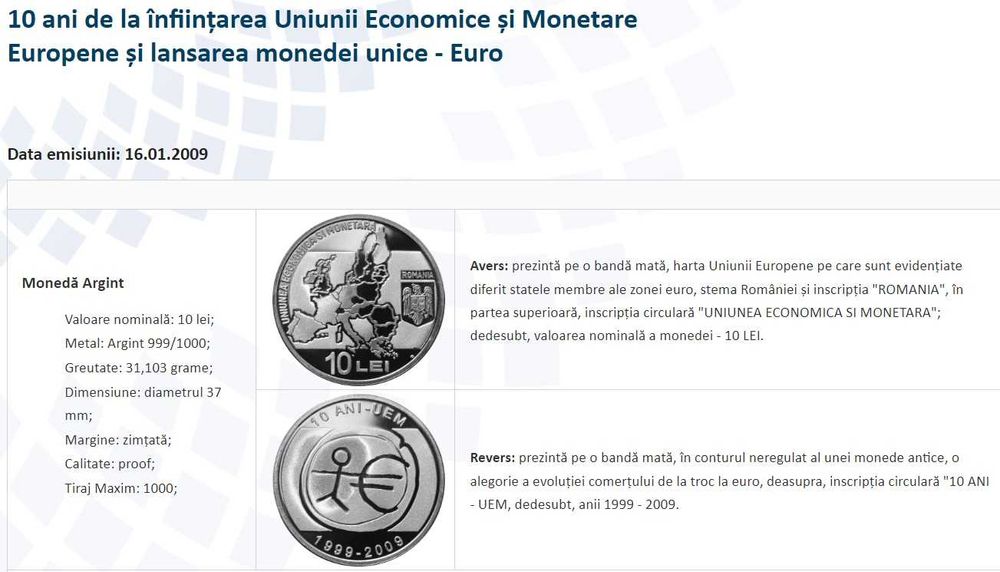 Moneda BNR 10 lei argint Uniunea Economica Euro gradata NGC PF 69