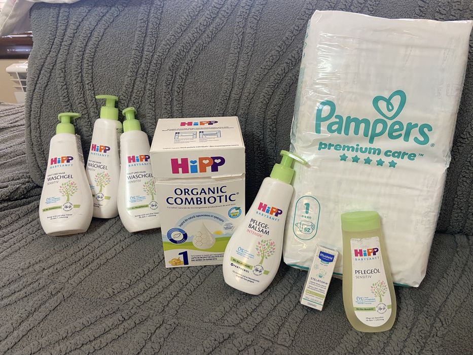 Starter Pack за новородено, памперси, мляко, душ гелове, олио и балсам