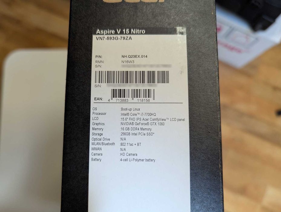 Laptop Acer Aspire V15 Nitro "Black Edition", i7-7700HQ, GTX 1060, 16GB RAM, 256GB SSD, FULL BOX