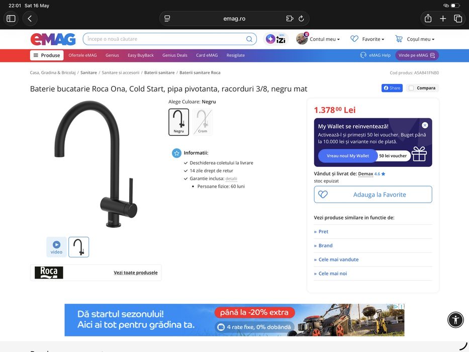 Baterie bucatarie Roca One Cold Start pipa pivotants negru mat noua