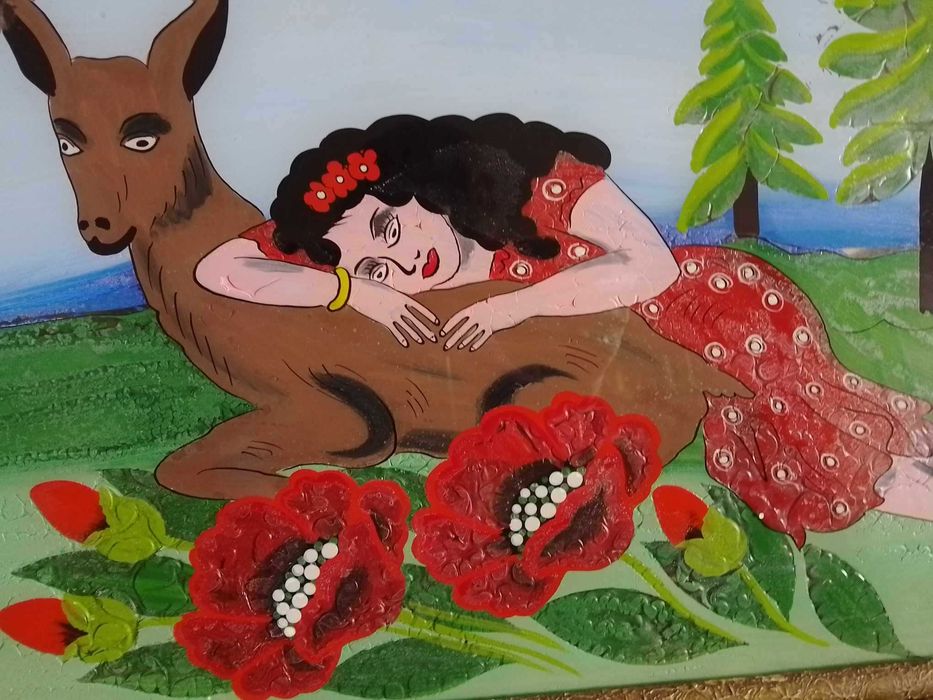 Стара картина върху стъкло "АЛЁНУШКА И СЕРЫЙ ВОЛК"