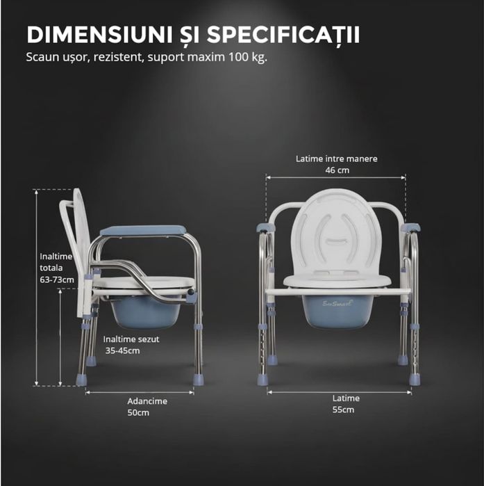 Scaun cu WC de Camera EvoSmart™ Y01, Toaleta Mobila, Inaltime Reglabila, Latime 55cm, Pliabil, Din Otel Si Inox, Alb