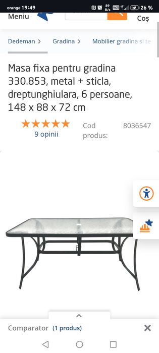 Masa dedeman fixa  metal + sticla,  6 persoane.