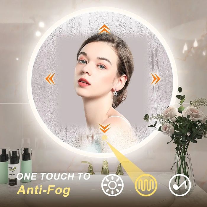 Кръгло LED огледало за баня Ф60/80 см, bluetooth обезпотяване дървесна