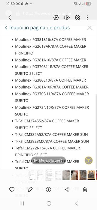 Cana ptr cafetiera Tefal,Mulinex