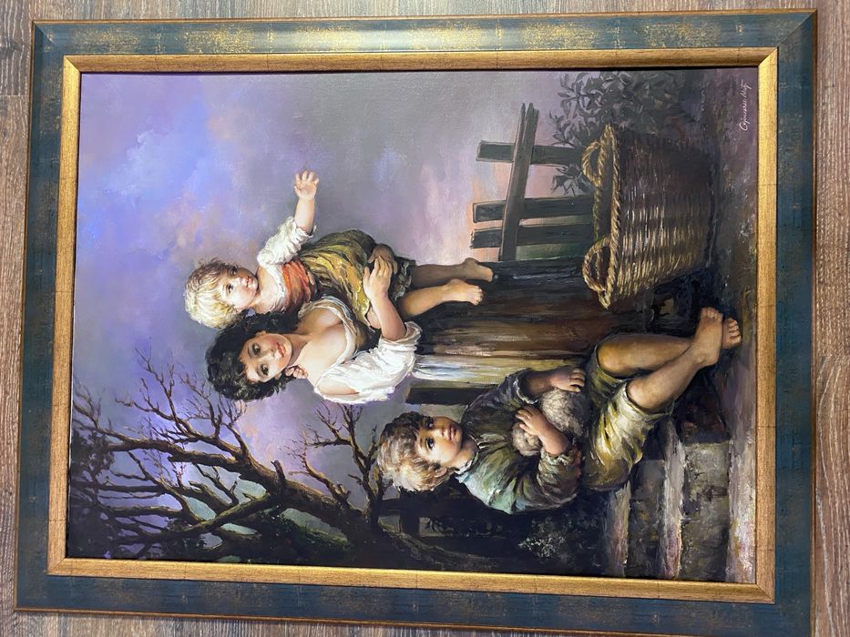 Tablou pictura ulei pe panza semnat : fata si copii