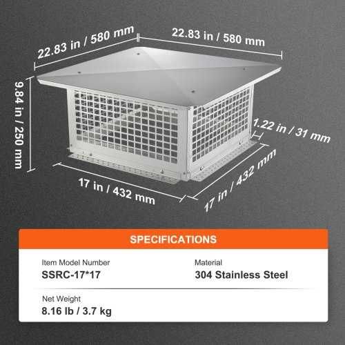 Vând pălărie cos fum otel inox 304, antipasare, 431,8x431,8 mm, nu se răstoarnă ușor și este ușor de instalat