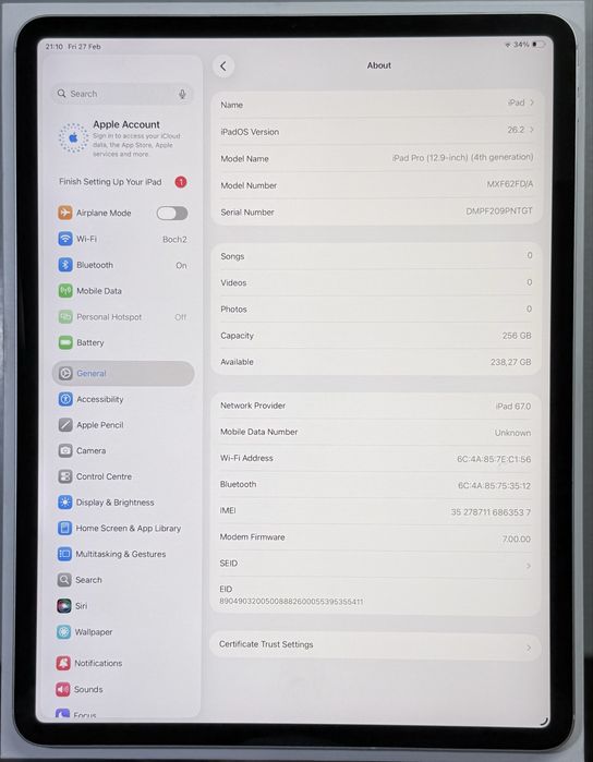 iPad Pro 12,9 4th Gen 256GB Cellular+WiFi