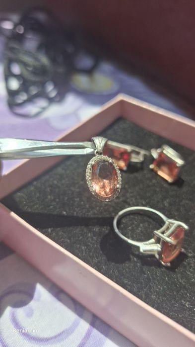 Set de lux Argint 925 cu Topaz Imperial / Peach Natural - Inel, Cercei, Pandantiv