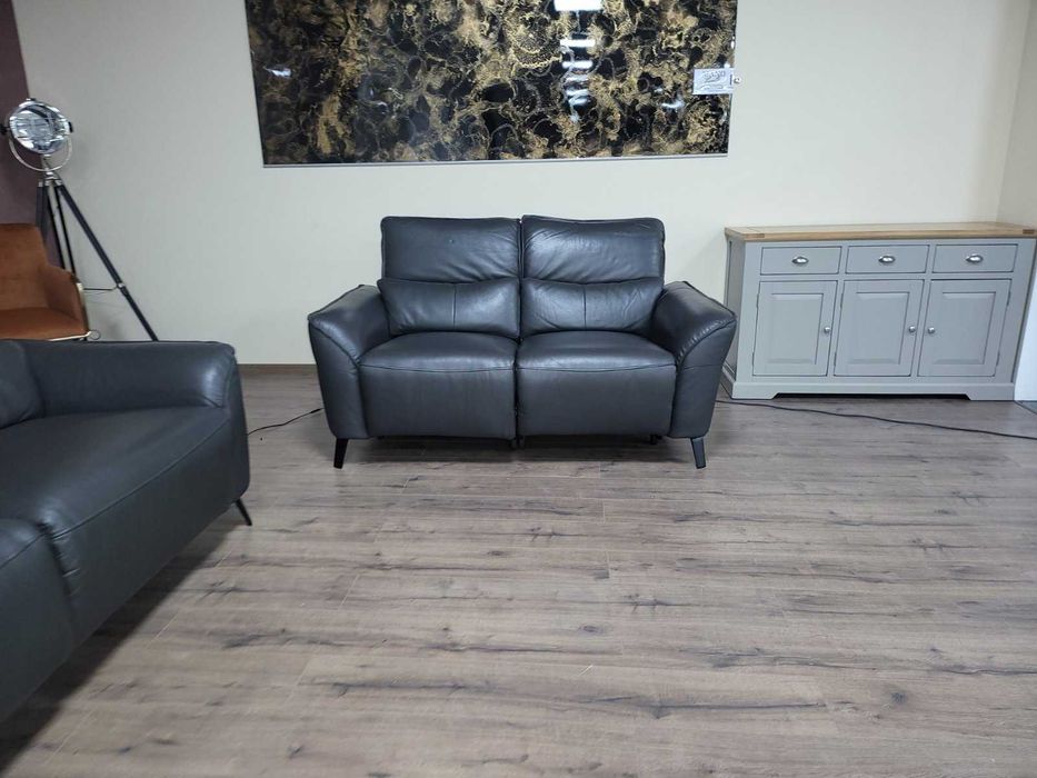 Сив кожен комплект дивани тройка и двойка с ел. релакс механизъм