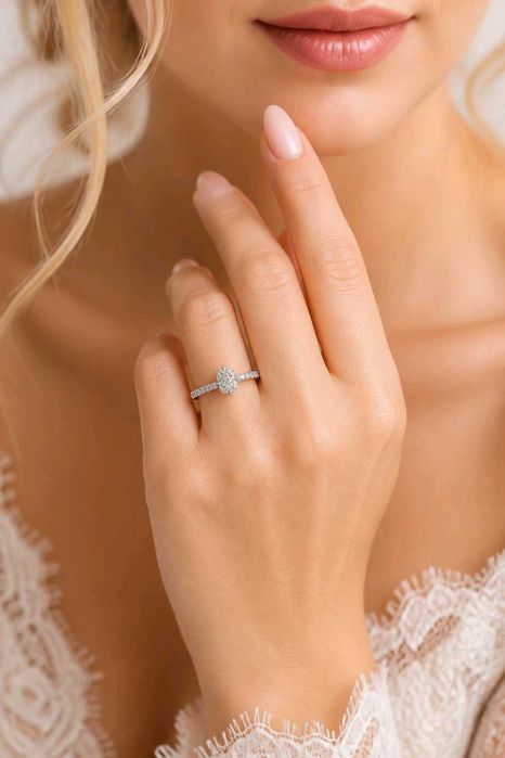 Пръстен с GIA сертифициран естествен диамант Cushion Cut 0.60ct H VS2 и диаманти 0.10ct F VS, 14K бяло злато, Общо 0.70ct диаманти, Crushed Ice Effect