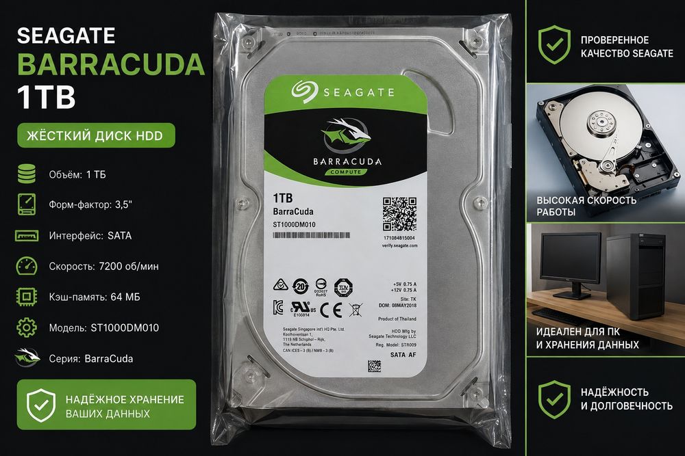 Продаю HDD Seagate BarraCuda 1 ТБ.