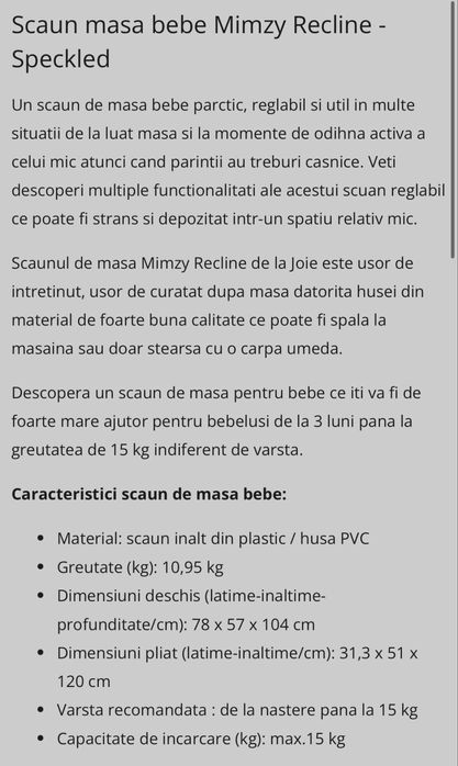 Scaun masa bebe Mimzy Recline - Speckled