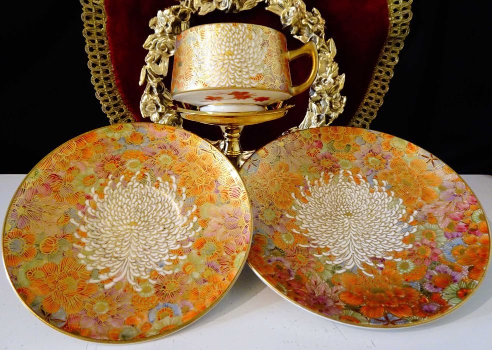 Чаша с чинии японски порцелан Satsuma Shosan Meiji,злато.