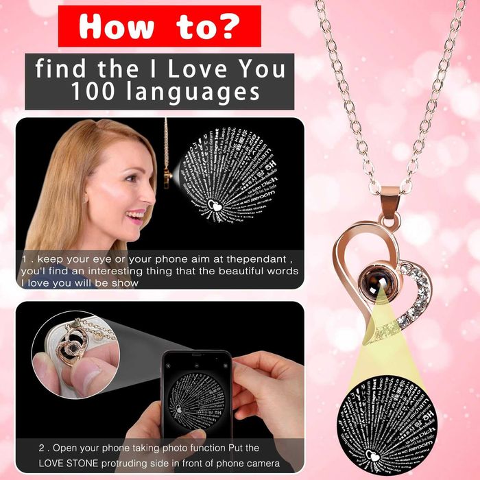 Златно колие с камъни Обичам те в луксозна кутия с рози Подарък 3 вида