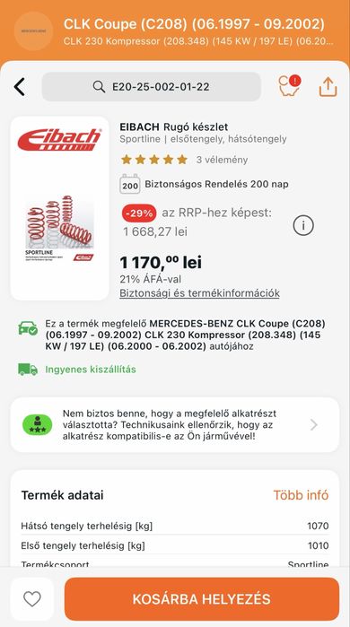Arc spiral Eibach Mercedes-Benz CLK 208/W202