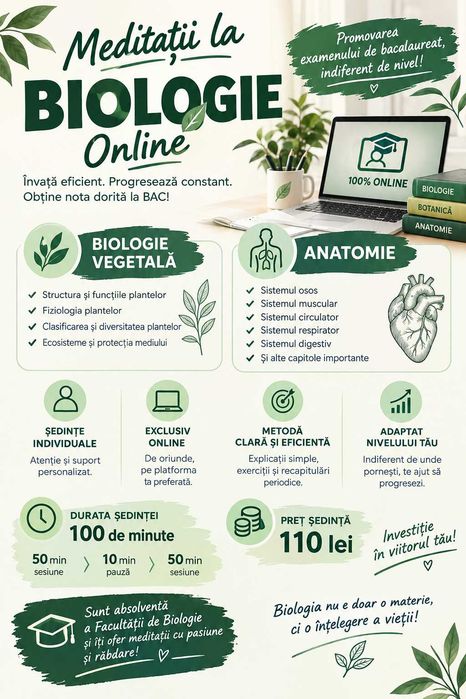 MEDITAȚII ONLINE LA BIOLOGIE – 110 lei / 100 minute sedinta