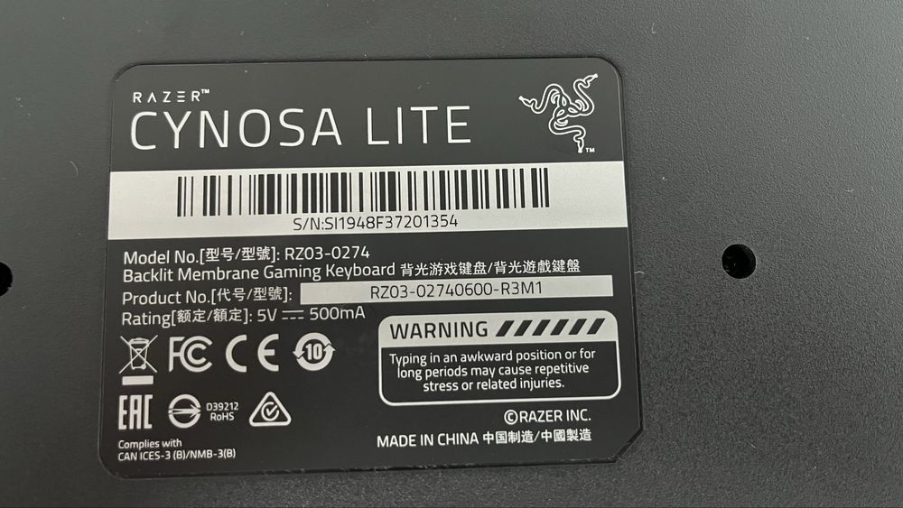 Tastatura Gaming RAZER Cynosa Lite, USB, Layout US, negru