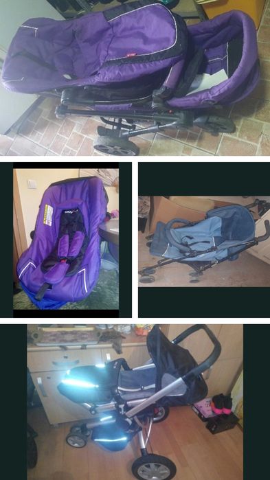 Carucior mov 2 in 1 + Landou, Scoica auto, Invelitoare iarna 4 roti, Carucior negru inox invelitoare iarna 3 roti, Carucior bleu verzui pliabil 4 roti
