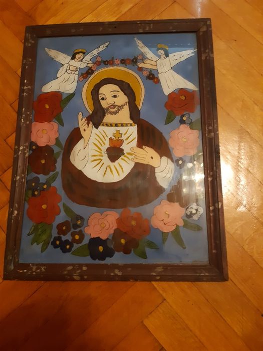 Icoană veche pictură pe sticlă