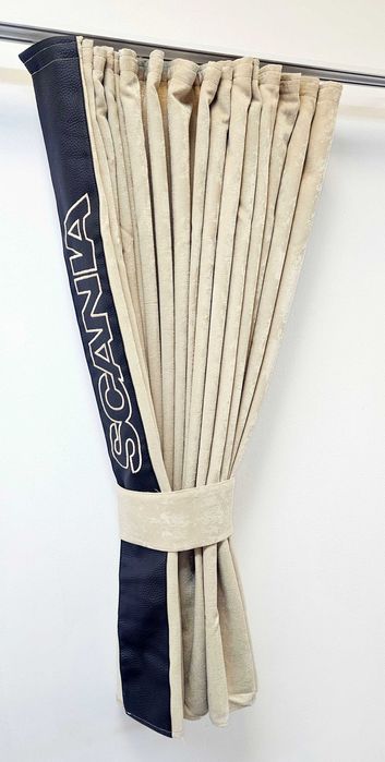 Бежови пердета за камиони SCANIA с кожена лента+кукички холандско чело