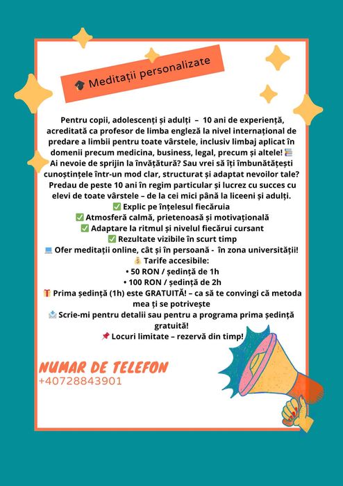 Ofer meditatii limba engleza 50 lei ora