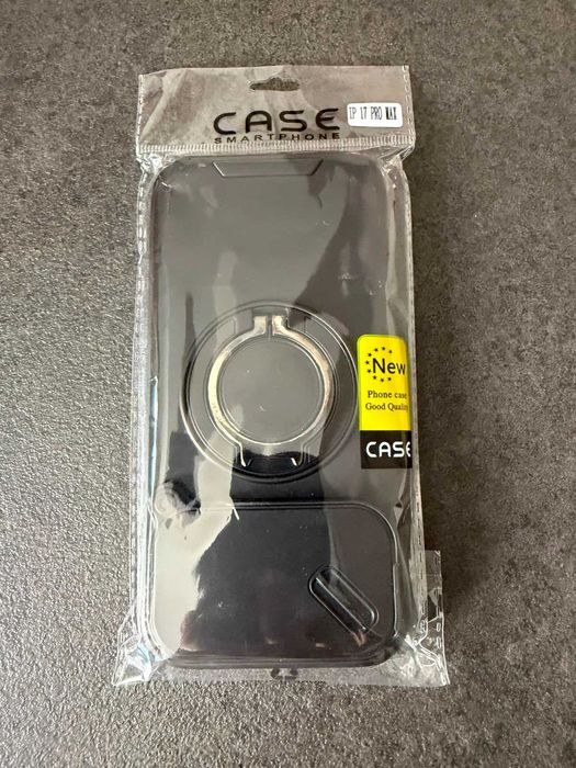 Husă iPhone 17 Pro Max neagră antișoc, inel metalic rotativ 360, suport