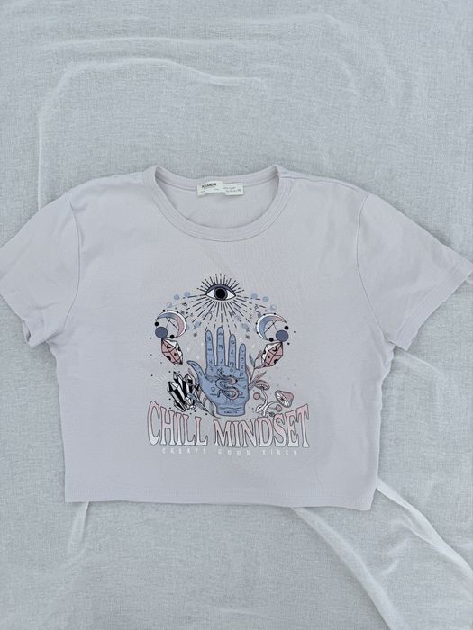 Къса лилава тениска с принт Pull&Bear размер S