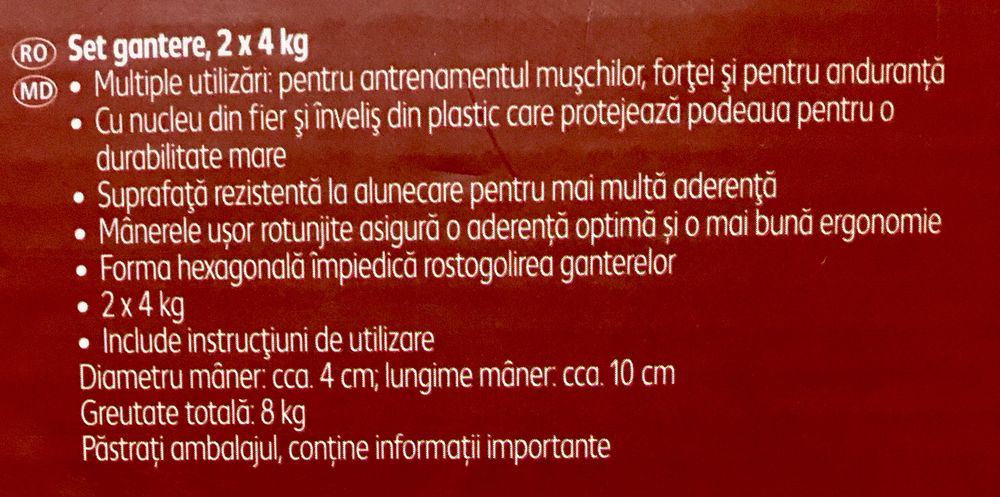 Set 2 gantere x 4kg(greutati pentru brate/fitness)